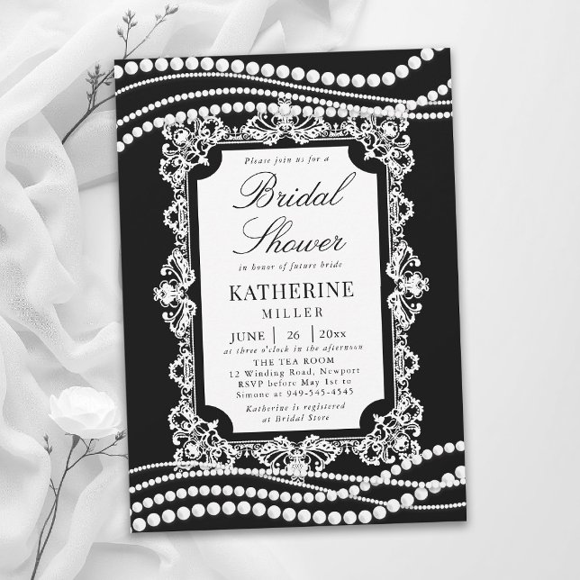 Convite Chuva de Noiva Pérolas de Renda Preto e Branco Clá (lace bridal shower ideas black white pearls modern classic traditional elegant invitation template )