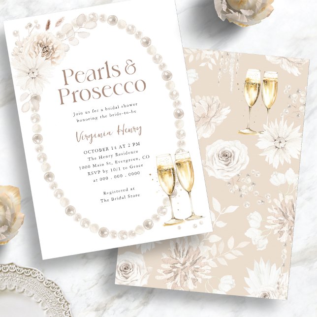 Convite Chuva de Noiva Pérolas Elegantes e Prosecco (Elegant Pearls and Prosecco Bridal Shower Invitation
)