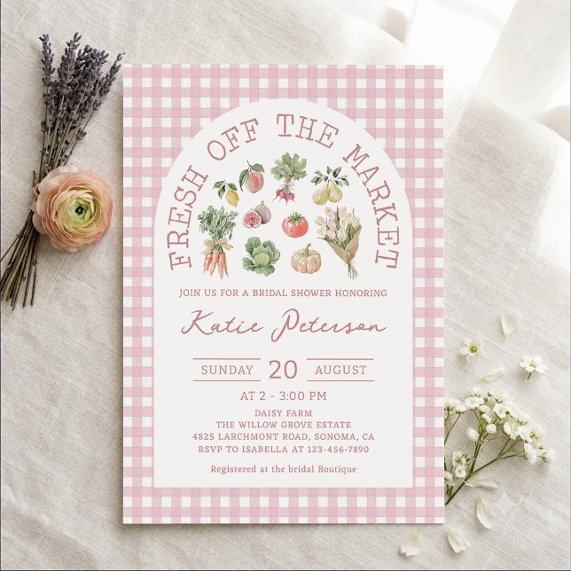 Convite Chuva de Noiva Pink Gingham Fresco do Mercado (Criador carregado)
