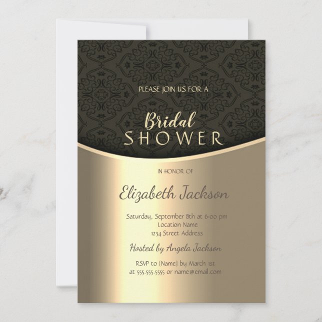 Convite Chuva de Noiva Preta Elegante Damasco Dourado (Frente)