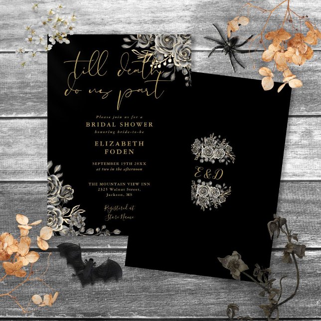 Convite Chuva de Noiva Preto e Dourado com Rosas Góticas F (Black And Gold Gothic Roses Floral Bridal Shower Invitation)