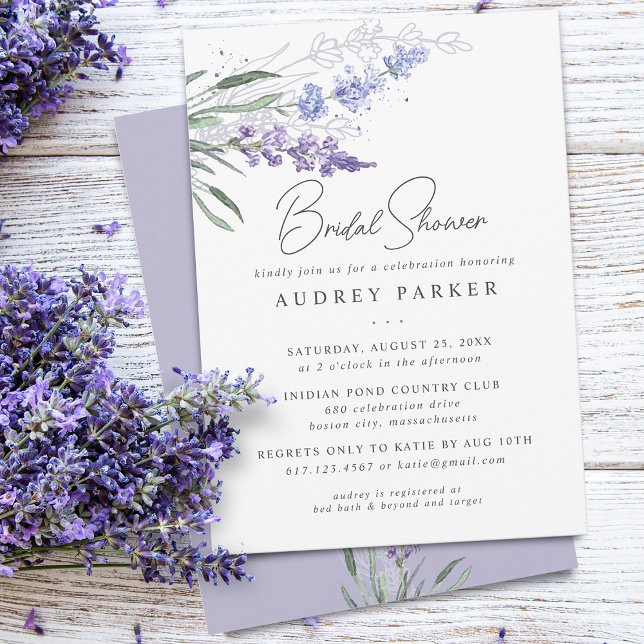 Convite Chuva de Noiva Romântica com Flor de Lavanda em Aq (Romantic Lavender Floral Watercolor Bridal Shower Invitation)