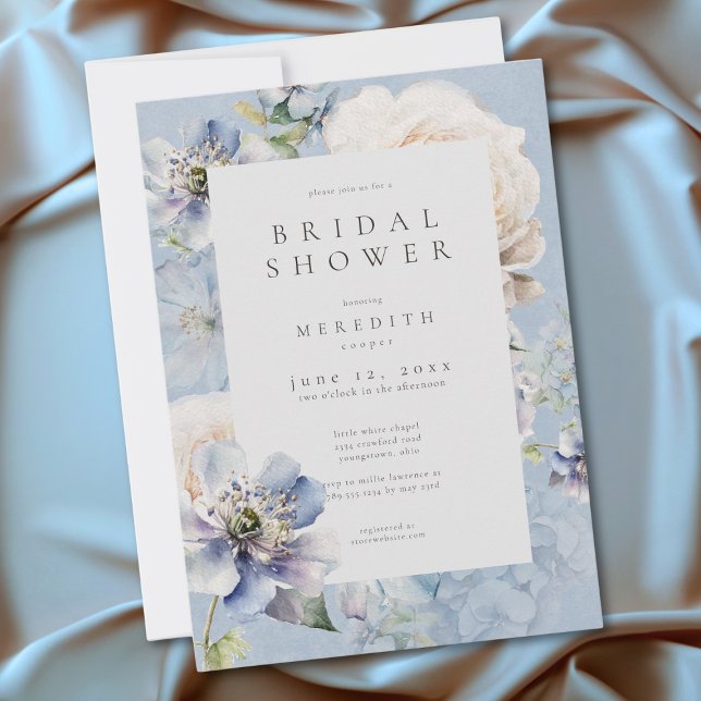 Convite Chuva de Noiva Romântica em Azul e Branco com Flor (Romantic Dusty Blue White Floral Bridal Shower Invitation)