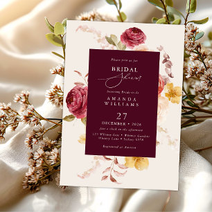 Convite Chuva de Noiva Romântica Floral Burgundy Profundo