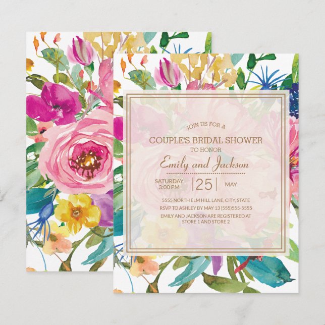 Convite Chuva de Noiva Rosa Amarelo Floral Script Casal (Frente/Verso)