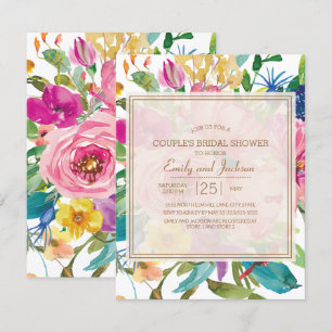 Convite Chuva de Noiva Rosa Amarelo Floral Script Casal