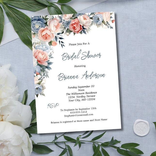 Convite Chuva de Noiva Rosa Azul Floral Branco Elegante (Dusty Blue Pink White Floral Bridal Shower Invitation)