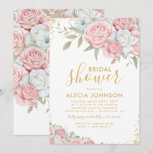 Convite Chuva de Noiva Rosa Bege Dourado Floral Brilho
