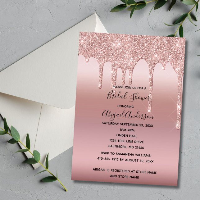 Convite Chuva de Noiva Rosa Dourado Rose (Blush Pink Rose Gold Dripping Glitter Bridal Shower invitation. )