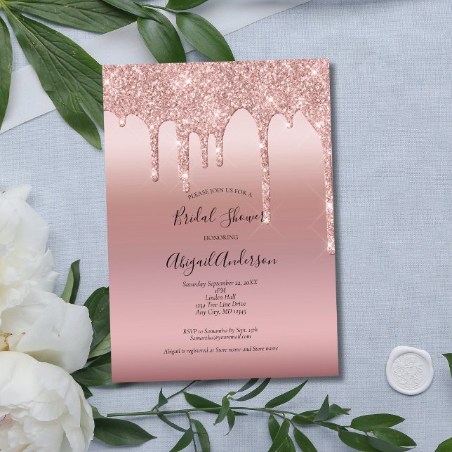 Convite Chuva de Noiva Rosa Dourado Rose (Blush Pink Rose Gold Dripping Glitter Bridal Shower invitation. Elegant Modern Trendy)