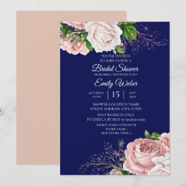 Convite Chuva de Noiva Rosa Flores Rosas Azul Marinho