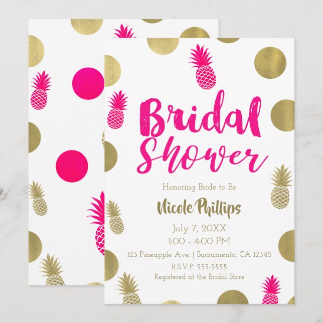 Convite Chuva de Noiva Rosa Vibrante e Dourado com Pontos  (Frente/Verso)