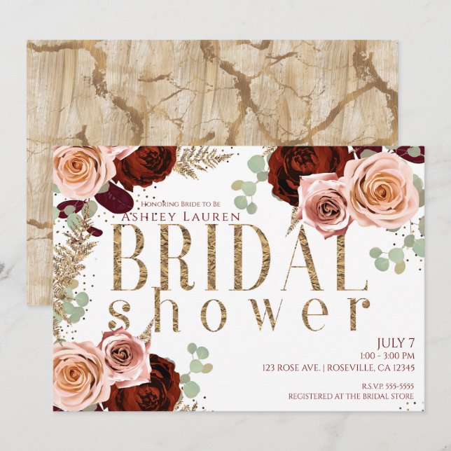 Convite Chuva de Noiva Rosas Burgundy Rosa Dourado Branco (Frente/Verso)