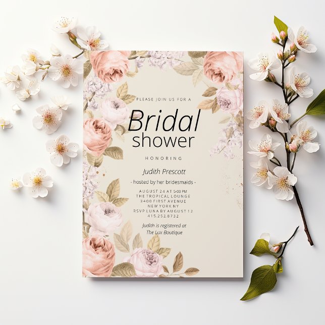 Convite Chuva de noiva rústica boho rosa coral marfim flor (Boho rustic pink coral ivory floral Bridal Shower)