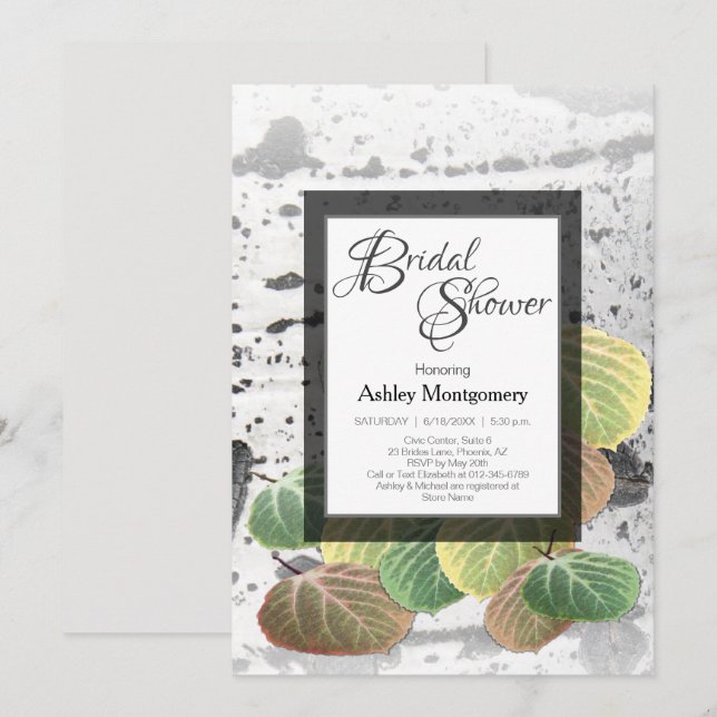 Convite Chuva de Noiva Rústica Casca de Aspen e Folhas (Frente/Verso)