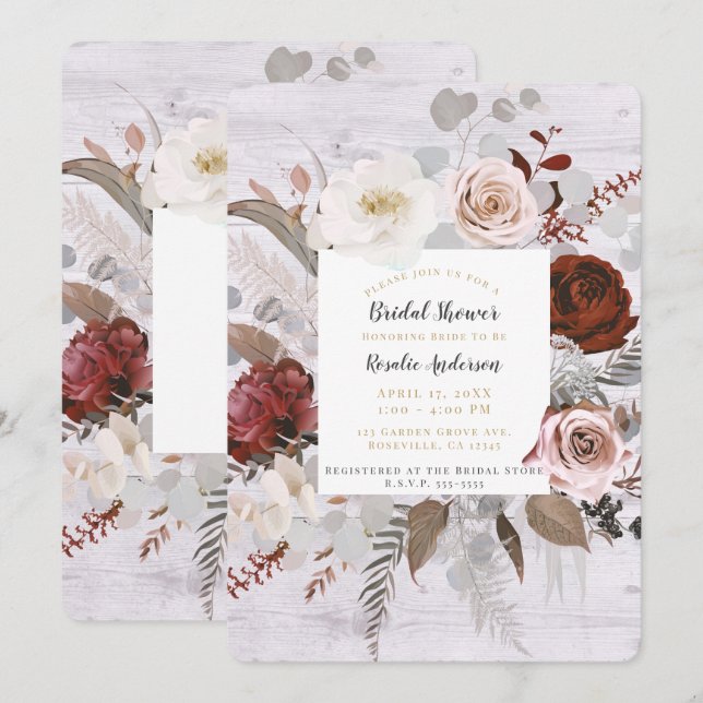 Convite Chuva de Noiva Rustica Madeira Flores Rosa Cinza (Frente/Verso)
