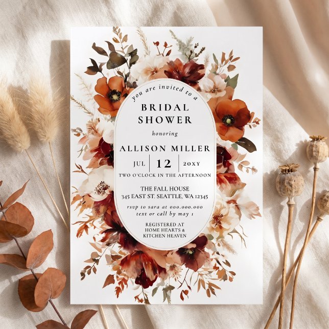 Convite Chuva de Noiva Rústica Outono Laranja Queimada Bor (Rustic Burnt Orange Burgundy Fall Bridal Shower Invitation)