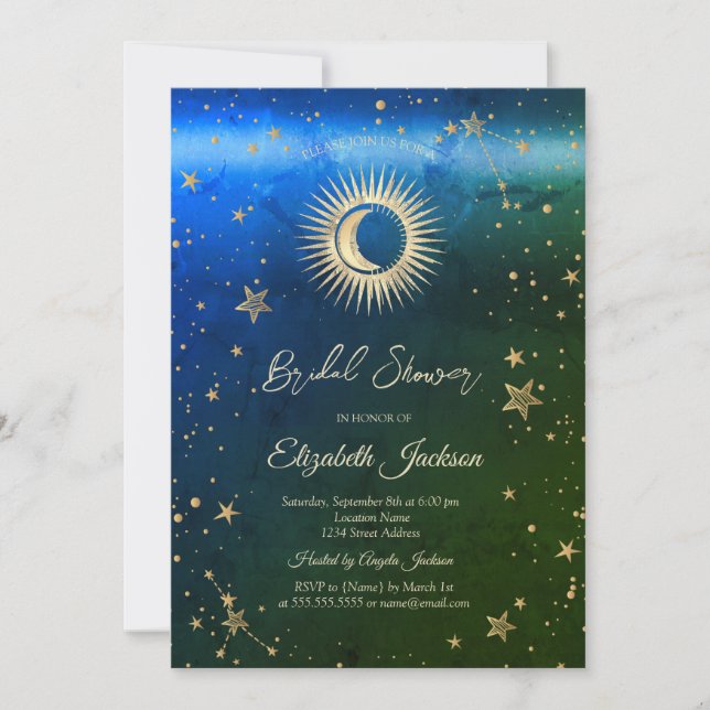 Convite Chuva de Noiva Sol Celestial, Lua, Estrelas Ombre (Frente)