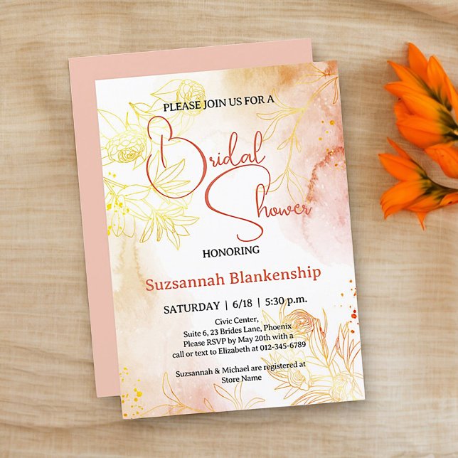 Convite Chuva de Noiva Sutil com Fundo Floral Pastel (Front template bridal shower design with solid orange pastel back. )