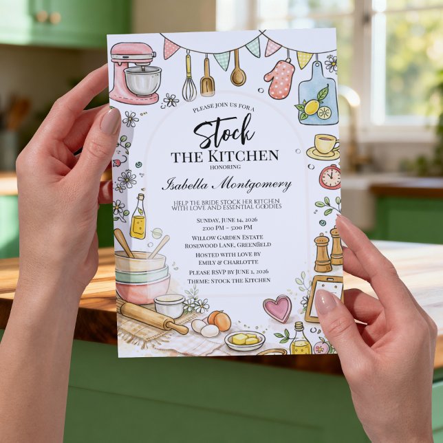 Convite Chuva de Noiva Temática de Cozinha Abasteça a Cozi (Illustrative Kitchen Themed Stock The Kitchen Bridal Shower Invitation)