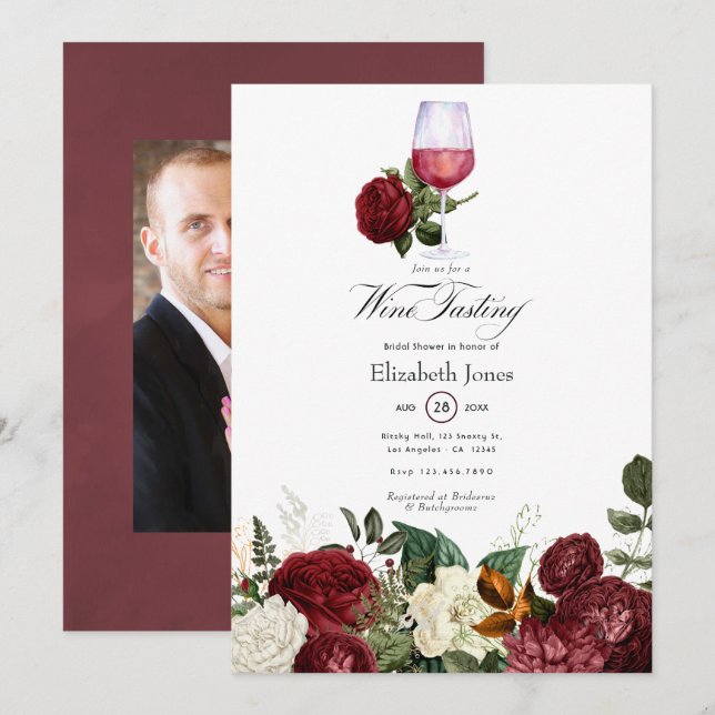 Convite Chuva de Noiva temática de vinho floral vermelho B (Frente/Verso)