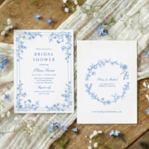 Convite Chuva de Noiva Toile Francês Chinoiserie Azul e Br