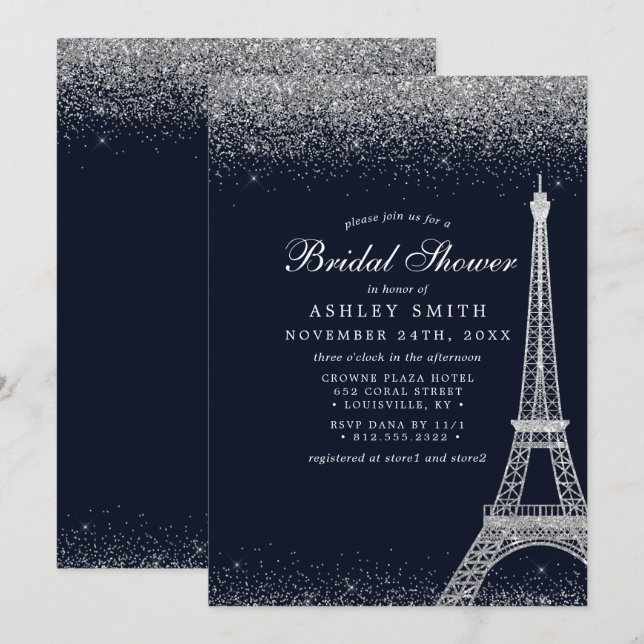 Convite Chuva de Noiva Torre Eiffel Paris Brilho Prata (Frente/Verso)