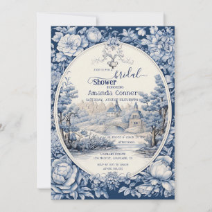 Convite Chuva de Noiva Vintage Floral Toile Azul Francês