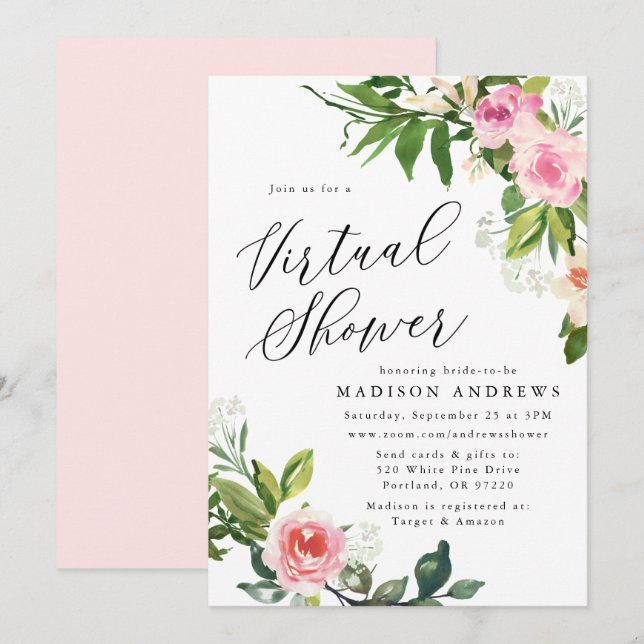 Convite Chuva de Noiva Virtual de Floral Rosa Suave (Frente/Verso)