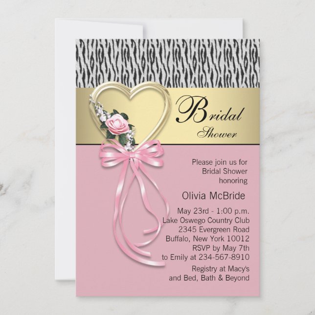 Convite Chuva de Noiva Zebra Rosa e Dourado Preto (Frente)