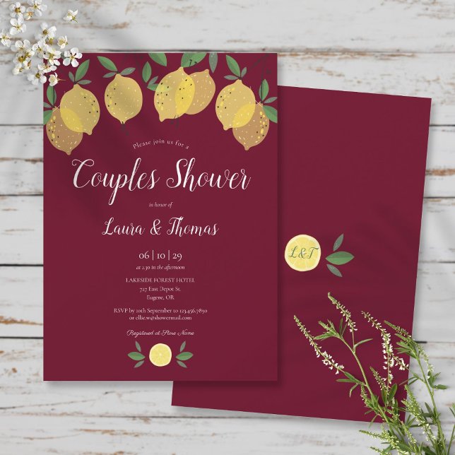 Convite Chuva de Noivas Casais Limões Borgonha (Couples Bridal Shower Lemons Burgundy Invitation)