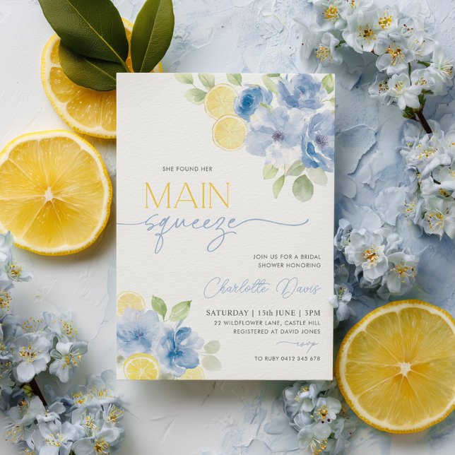 Convite Chuva de Noivas Citrino Limão Azul (Main Squeeze Blue Lemon Bridal Shower Invitation | Blue Flowers and Lemon Slices)