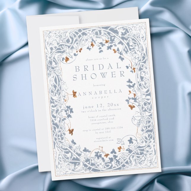 Convite Chuva de Noivas com Etching Azul Dourado de Fantas (Medieval Fantasy Blue Gold Etching Bridal Shower Invitation)