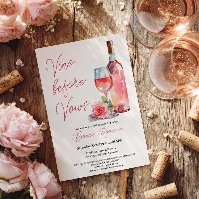 Convite Chuva de Noivas com Vinho Rosé Moderno Vino Antes  (Modern Rosé Wine Vino Before Vows Bridal Shower Invitation)