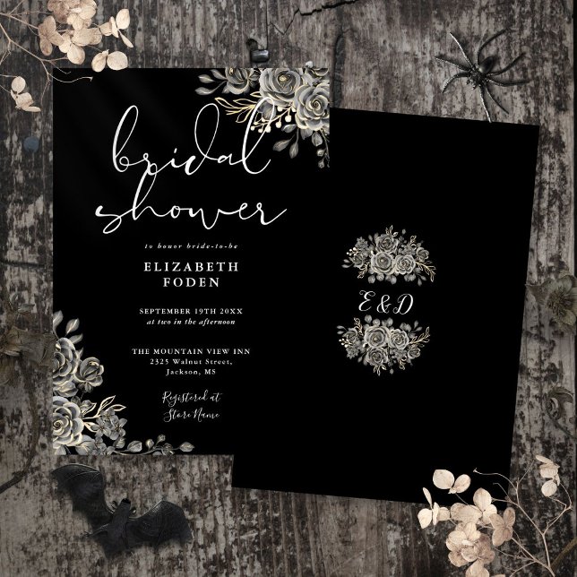 Convite Chuva de Noivas Flores Rosas Góticas Preto e Branc (Gothic Roses Floral Black And White Bridal Shower Invitation)