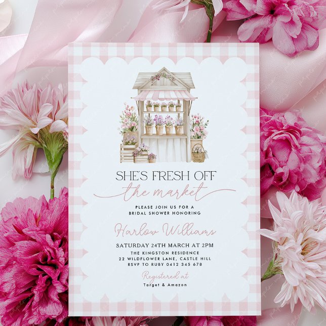 Convite Chuva de Noivas Fresca do Mercado de Flores  (Pink Gingham Flower Cart Bridal Shower Invitation )