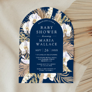 Convite Chuva de Orquídea Branca Pampas Azul Marinho Baby 