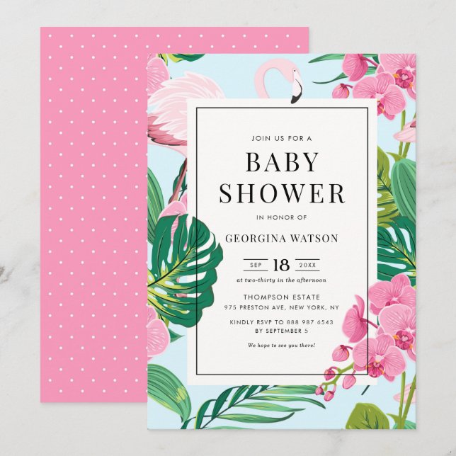 Convite Chuva de Orquídeas e Flamingo Rosa Chás de Bebê Tr (Frente/Verso)