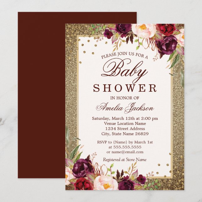 Convite Chuva de ouro de Borgonha Baby Shower (Frente/Verso)