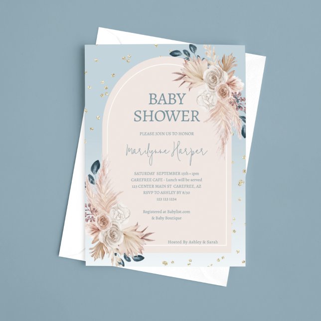 Convite Chuva de Pampas Boho Azul Baby Shower (Criador carregado)
