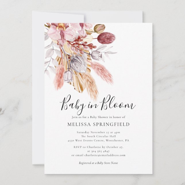 Convite Chuva de Pampas Boho Chic Baby Shower (Frente)