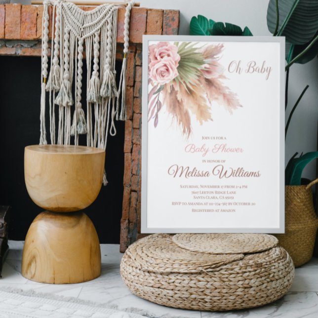 Convite Chuva de Pampas Boho Elegante Rosa Baby Shower (Criador carregado)