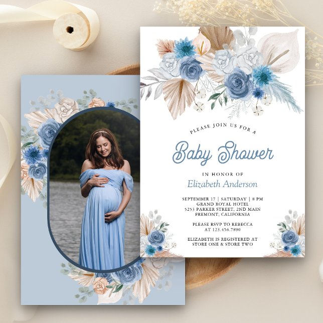Convite Chuva de Pampas Boho Floral Azul Empoeirado Foto C (Criador carregado)