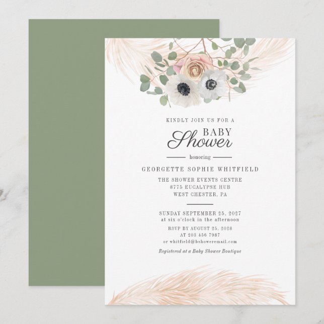 Convite Chuva de Pampas Eucalipto Floral Script Chã de Beb (Frente/Verso)