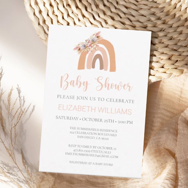 Convite Chuva de Pampas Rosa Pastel Arco-Íris Baby Shower (Criador carregado)