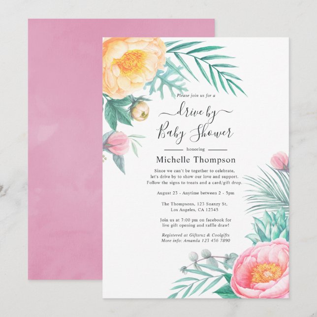 Convite Chuva de Passage Tropical com Flores em Pastel (Frente/Verso)