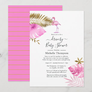 Convite Chuva de Passageiro de Flamingo Rosa e Dourado