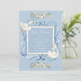 Convite Chuva de Patinhos Azul Floral Vintage Baby Shower
