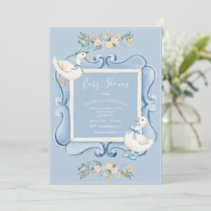 Convite Chuva de Patinhos Azul Floral Vintage Baby Shower