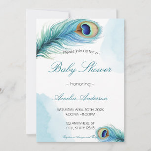Convite Chuva de Penas de Pavão Aquarela Elegante Baby Sho